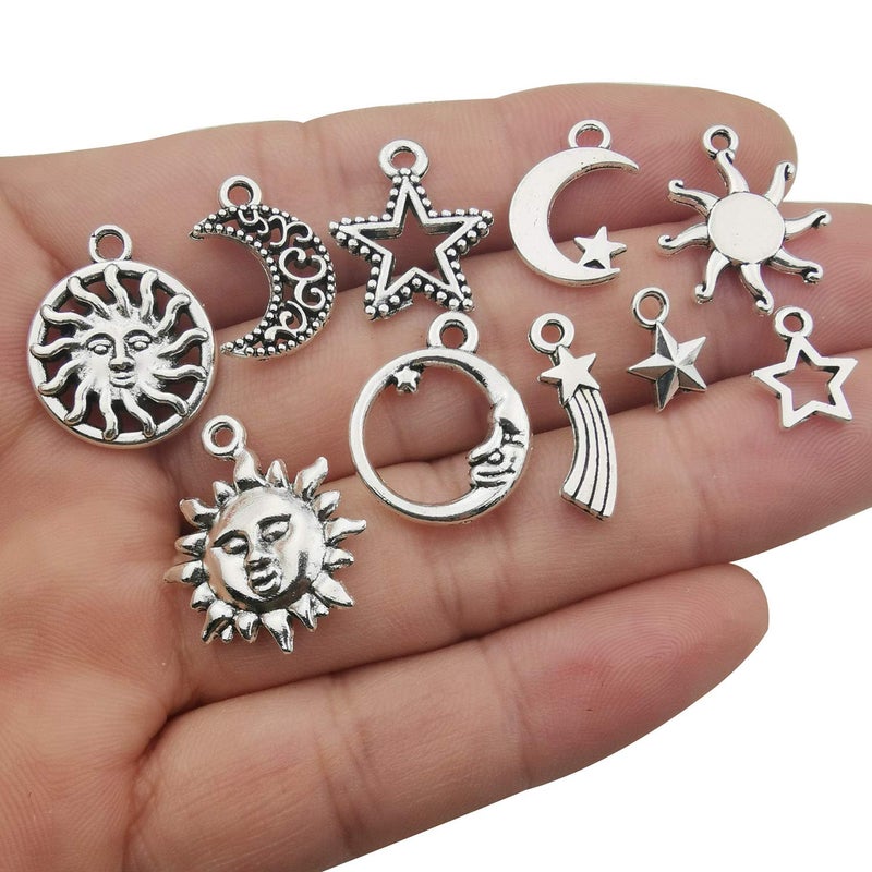 iloveDIYbeads 100g(80pcs) Craft Supplies Mixed Antique Silver Sun Moon Stars Charms Pendants for Crafting, Jewelry Findings Making Accessory for DIY Necklace Bracelet (M250) - Image 2
